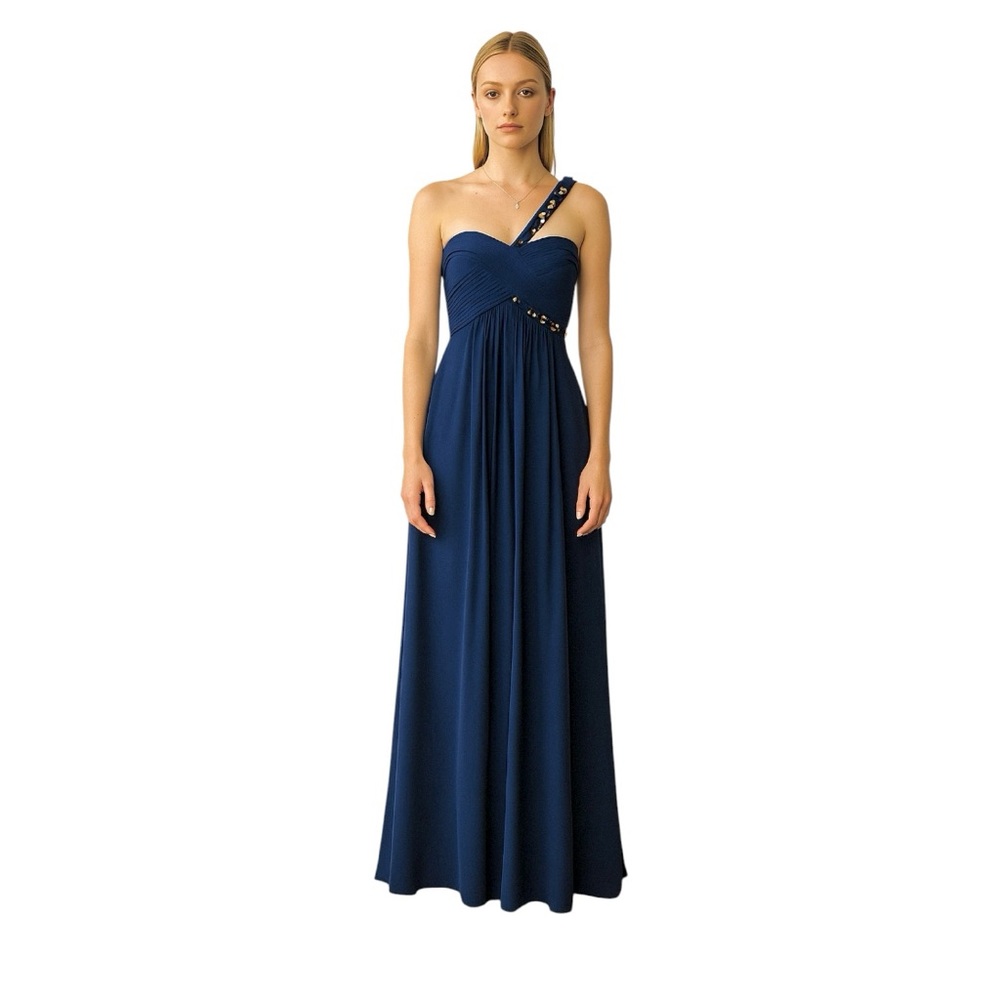 BCBGMaxAzria  silk Navy blue Dress with Gold Accents One-Shoulder Evening Gown